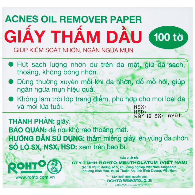 Giấy thấm dầu Acnes Oil Remover Paper hỗ trợ kiểm soát nhờn, ngăn ngừa mụn (100 tờ)