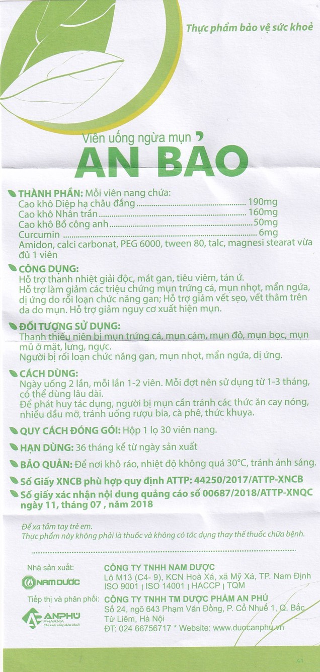 Viên ngừa mụn An Bảo Nam Dược sạch mụn, chống thâm, mở sẹo, ngăn ngừa mụn tái phát (30 viên)