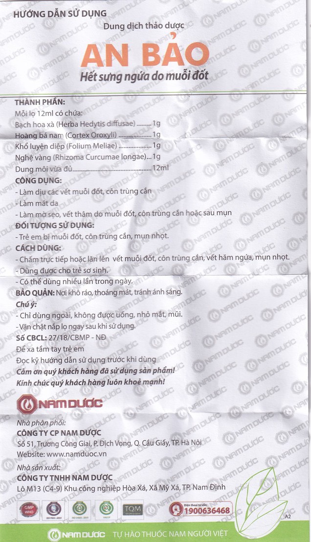 Dung dịch thảo dược An Bảo hết sưng ngứa do muỗi đốt (12ml)