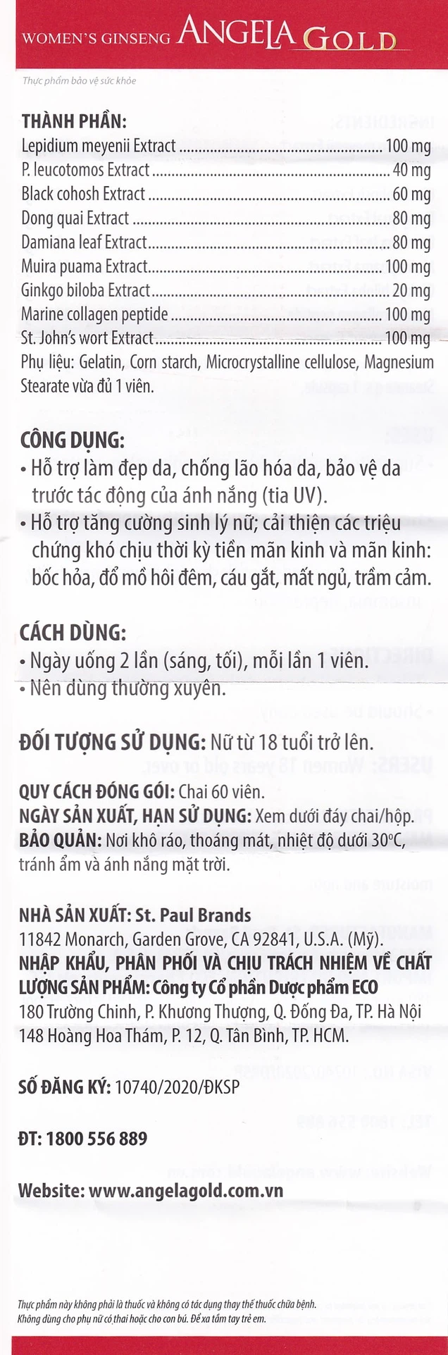 Viên sâm Angela Gold Ecogreen hỗ trợ làm đẹp da, tăng cường sinh lý nữ (60 viên)