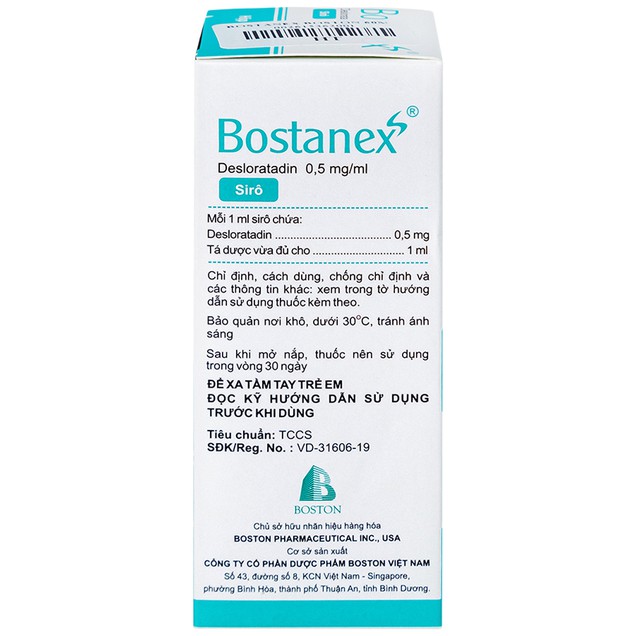 Siro Bostanex 0.5mg/ml Boston hỗ trợ điều trị viêm mũi dị ứng, nổi mày đay (60ml)
