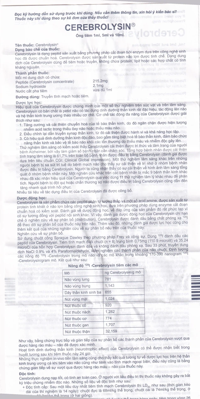 Thuốc Cerebrolysin EVER Neuro Pharma điều trị rối loạn trí nhớ (5 ống x 5ml)