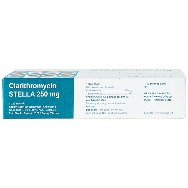 Thuốc Clarithromycin Stella 250mg điều trị nhiễm khuẩn do vi khuẩn nhạy cảm (20 viên)