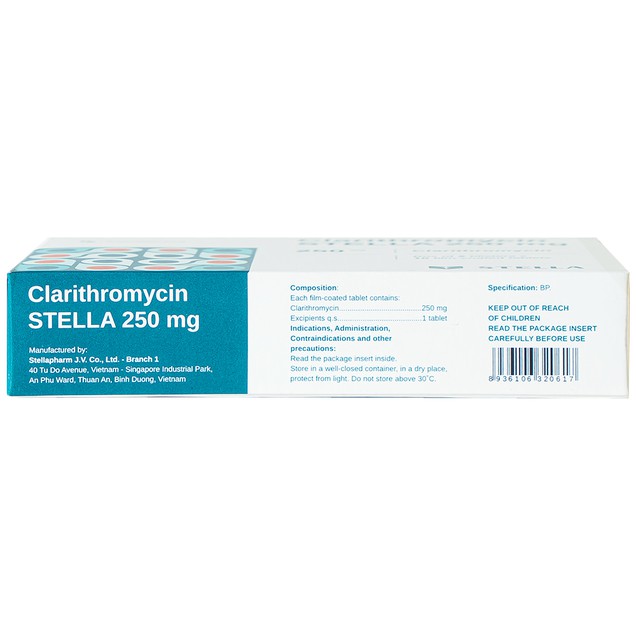 Thuốc Clarithromycin Stella 250mg điều trị nhiễm khuẩn do vi khuẩn nhạy cảm (20 viên)