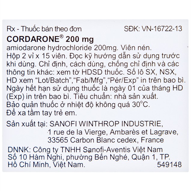 Thuốc Cordarone 200mg Sanofi duy trì nhịp đập của tim ở mức duy trì và ổn định (30 viên)