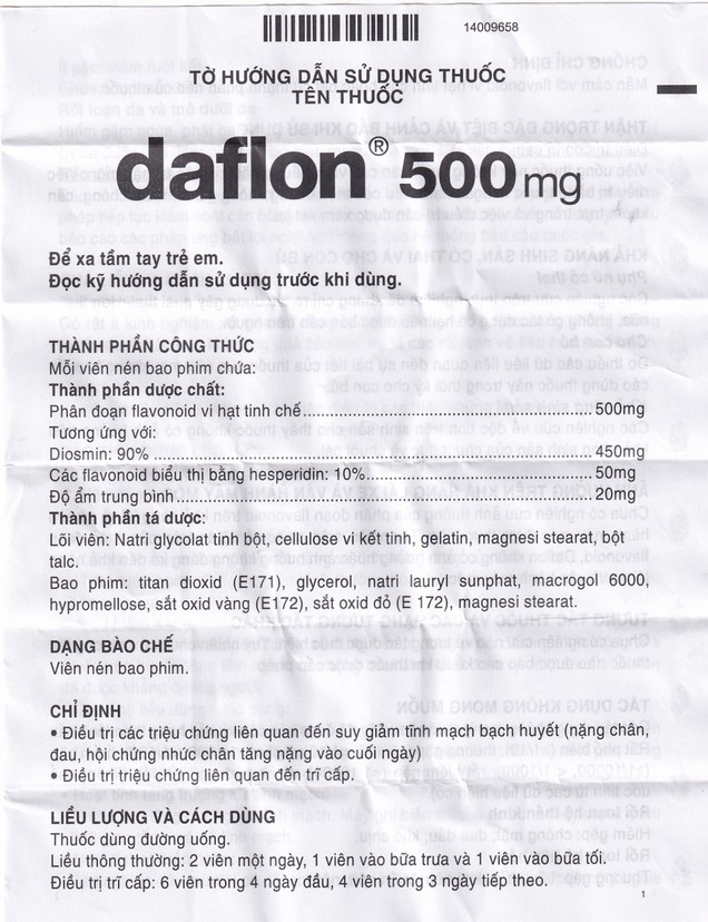 Thuốc Daflon 500mg Servier điều trị triệu chứng liên quan đến suy giảm tĩnh mạch bạch huyết và trĩ cấp (60 viên)