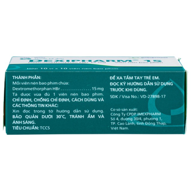 Thuốc Dexipharm 15mg Imexpharm điều trị triệu chứng ho do họng và phế quản bị kích thích (100 viên)