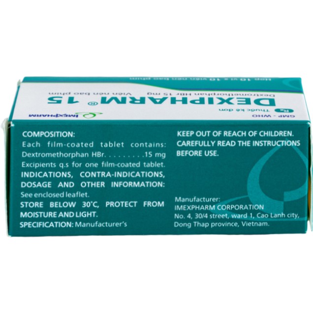 Thuốc Dexipharm 15mg Imexpharm điều trị triệu chứng ho do họng và phế quản bị kích thích (100 viên)