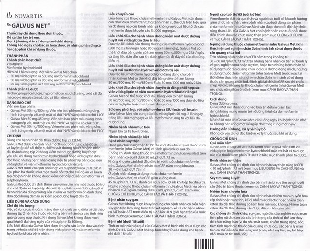 Thuốc Galvus Met 50mg/850mg Novartis điều trị đái tháo đường tuýp 2 (6 vỉ x 10 viên)