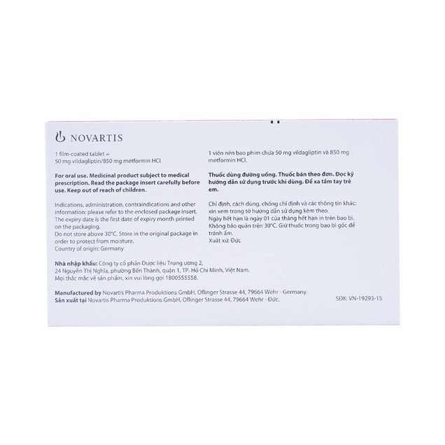 Thuốc Galvus Met 50mg/850mg Novartis điều trị đái tháo đường tuýp 2 (6 vỉ x 10 viên)