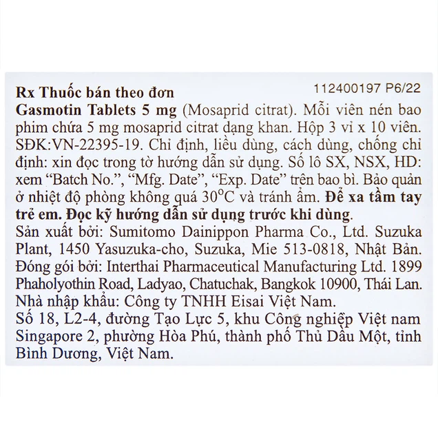 Thuốc Gasmotin 5mg Eisai điều trị viêm dạ dày (3 vỉ x 10 viên)
