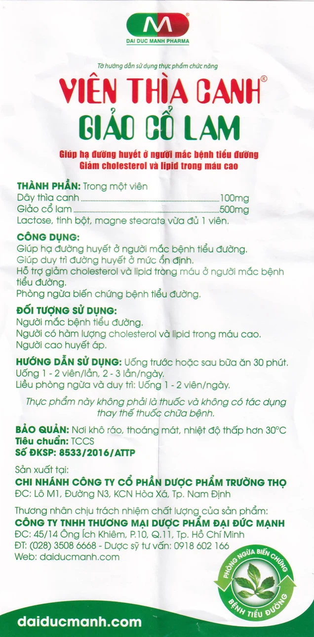 Viên thìa canh Giảo Cổ Lam Đại Đức Mạnh giúp hạ đường huyết, giảm cholesterol và lipid (30 viên)