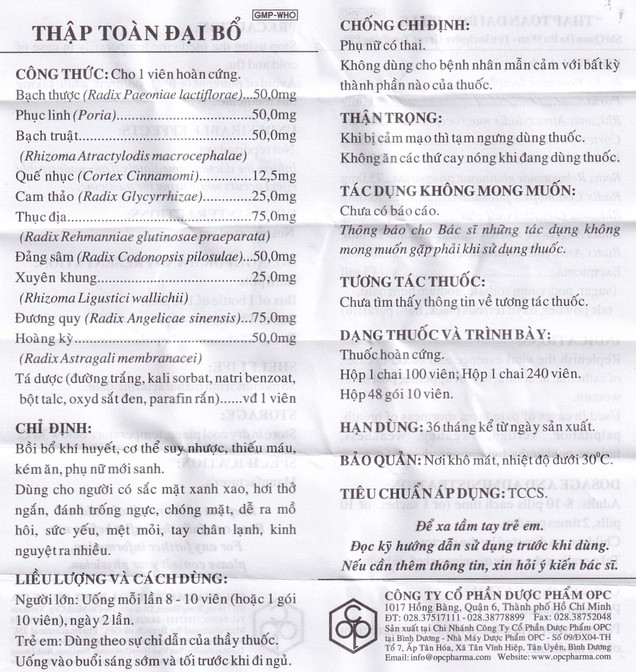 Thuốc Thập Toàn Đại Bổ OPC bồi bổ khí huyết, trị suy nhược cơ thể (240 viên)