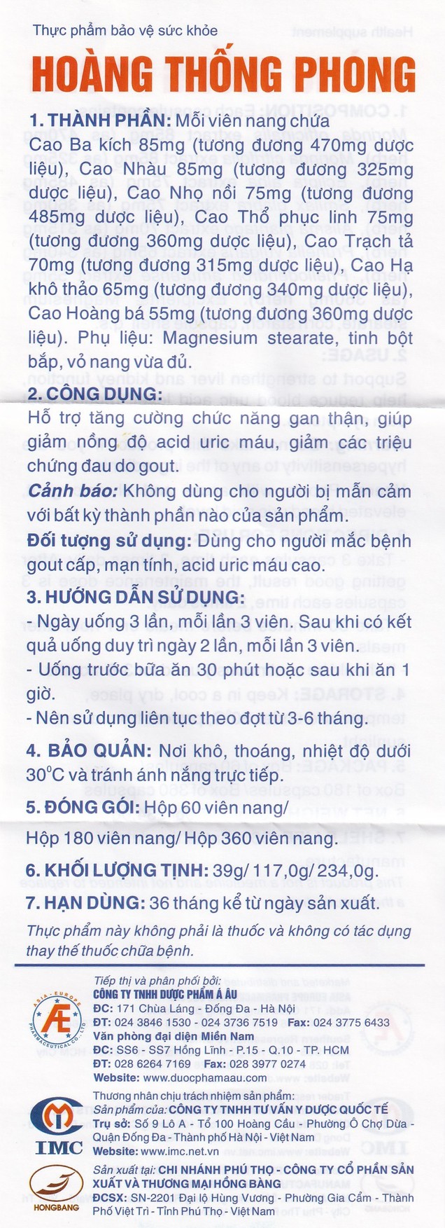 Viên uống Hoàng Thống Phong IMC giúp giảm nguy cơ tái phát cơn Gout cấp (60 viên)