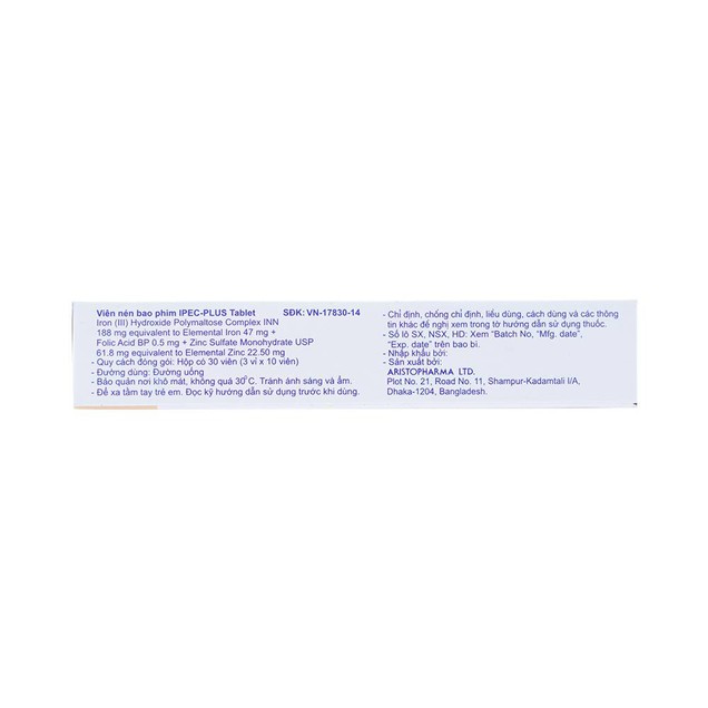 Thuốc Ipec-Plus Aristopharma điều trị thiếu sắt, acid folic và kẽm (3 vỉ x 10 viên)