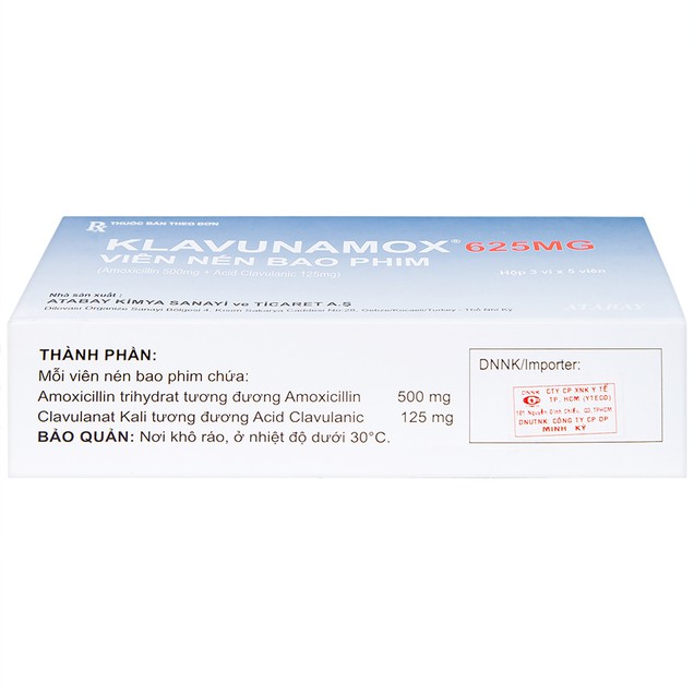 Thuốc Klavunamox 625mg Atabay điều trị các bệnh nhiễm khuẩn (3 vỉ x 5 viên)