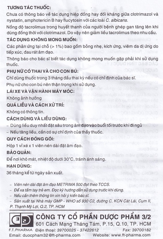 Viên đặt phụ khoa Metrima Dược 3-2 điều trị viêm âm đạo (1 viên)