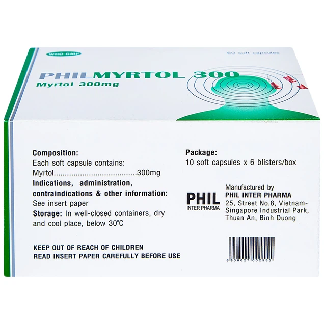 Thuốc Philmyrtol 300mg Phil điều trị viêm phế quản cấp, mạn tính (6 vỉ x 10 viên)