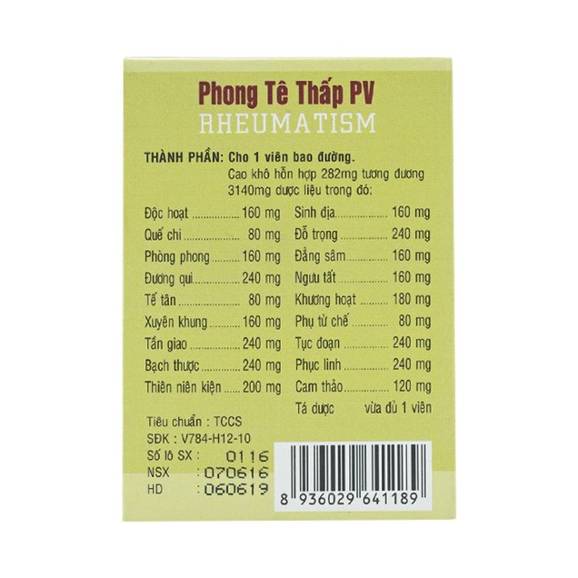Thuốc Phong Tê Thấp PV điều trị phong thấp, đau đầu gối (100 viên)