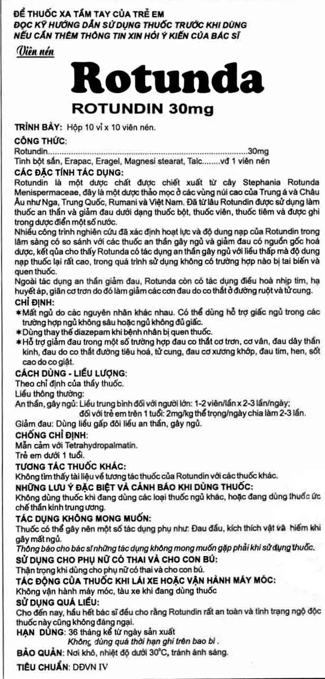 Thuốc Rotunda 30mg TW3 điều trị mất ngủ (10 vỉ x 10 viên)