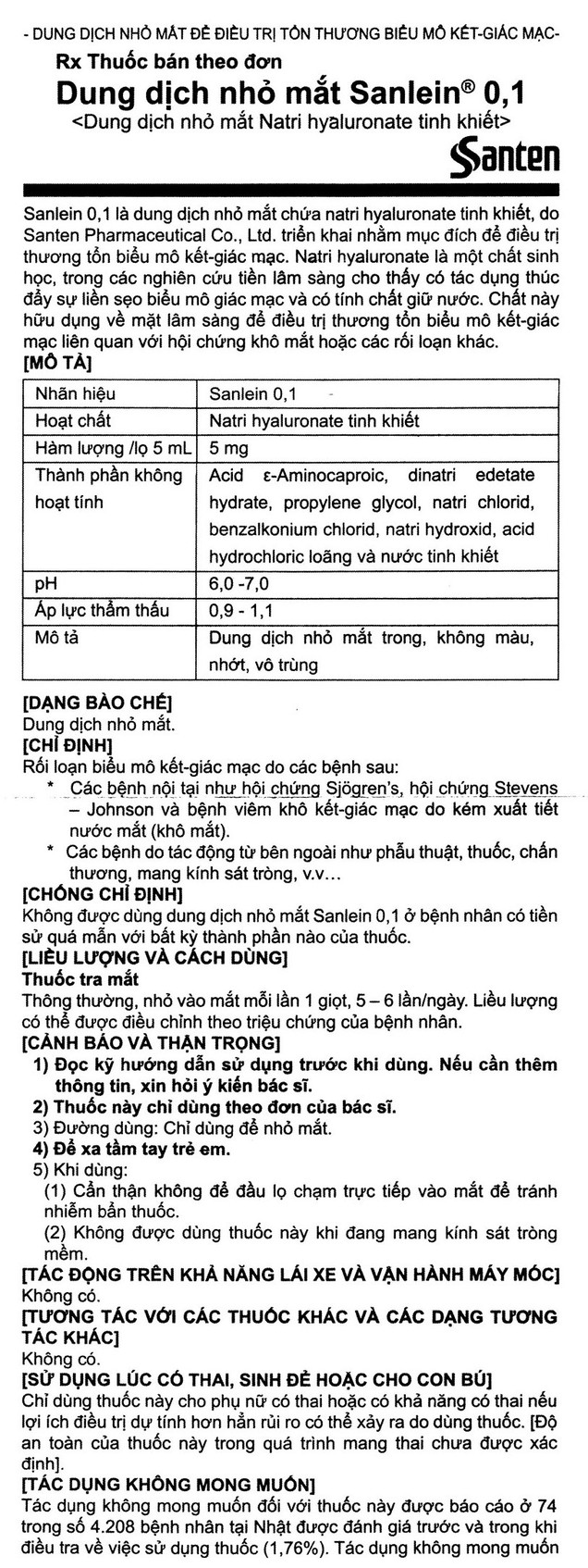 Dung dịch nhỏ mắt Sanlein 0.1% Santen hỗ trợ điều trị rối loạn biểu mô kết giác mạc (5ml)