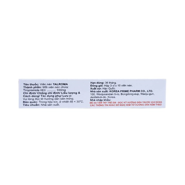 Thuốc Talroma 100mg  Korea Prime Pharma giảm đau do co thắt trong rối loạn trương lực cơ trơn hệ tiêu hóa (30 viên)