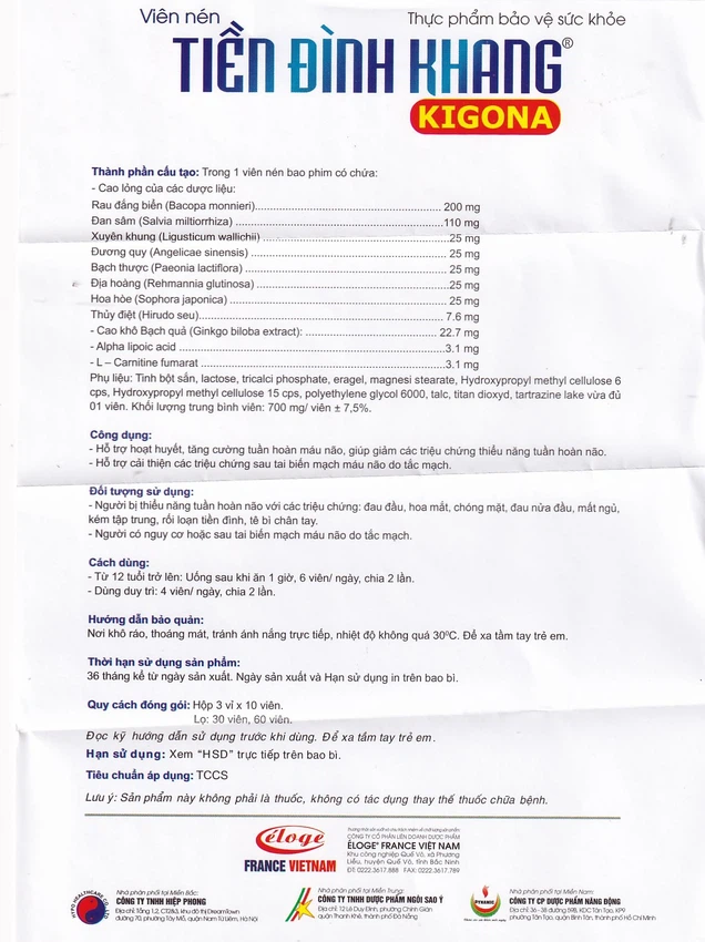 Viên uống Tiền Đình Khang Kigona Eloge hỗ trợ lưu thông máu, giảm rối loạn tiền đình (30 viên)