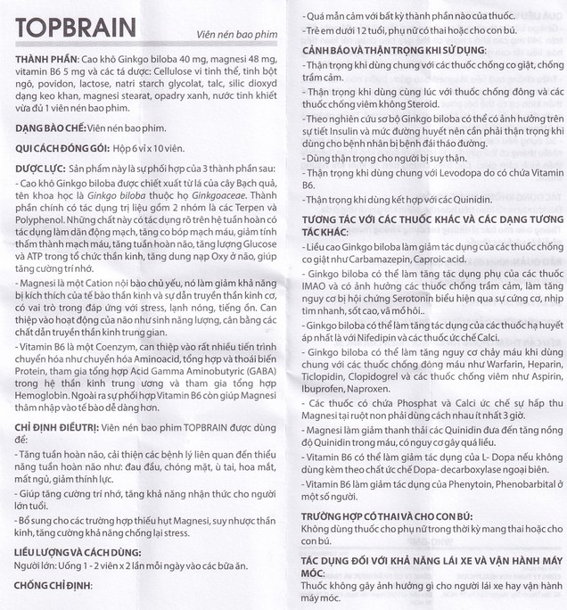 Thuốc Topbrain BV Pharma điều trị rối loạn tuần hoàn não (6 vỉ x 10 viên)