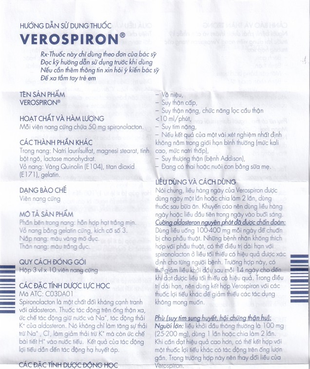 Thuốc Verospiron 50mg Gadeon điều trị tăng huyết áp (3 vỉ x 10 viên)