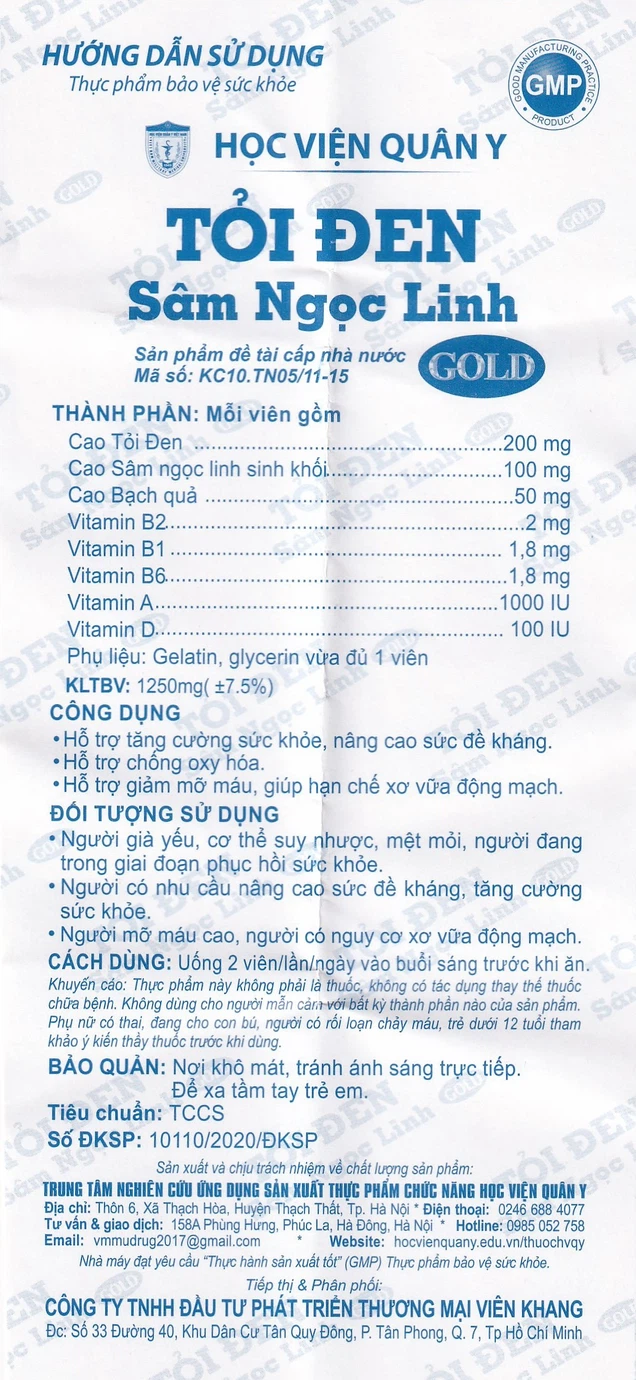 Viên uống Tỏi đen Sâm Ngọc Linh Học Viện Quân Y giúp bồi bổ sức khỏe, nâng cao thể trạng (60 viên)
