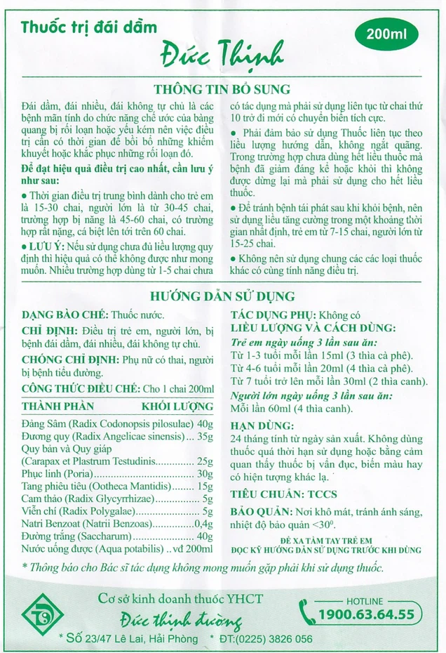 Thuốc Đái Dầm Đức Thịnh điều trị tiểu không tự chủ ở trẻ em, người lớn (200ml)