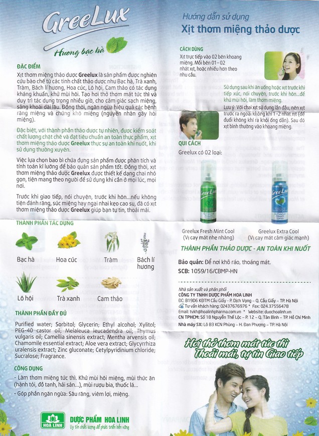 Xịt thơm miệng thảo dược Greelux Fresh Mint Cool Hoa Linh ngăn ngừa sâu răng, viêm lợi (12ml)