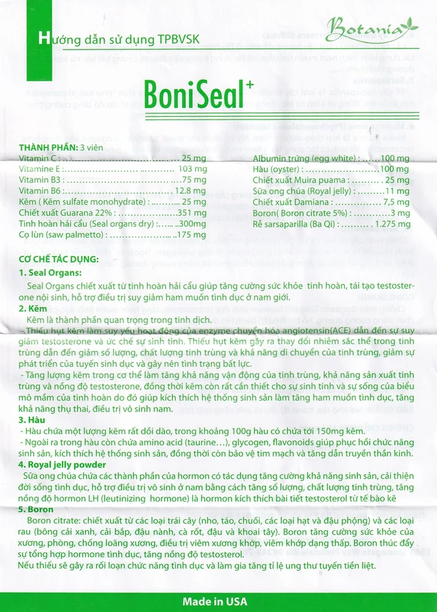 Viên uống tinh chất hàu BoniSeal hỗ trợ điều trị vô sinh nam, chống mãn dục nam (60 viên)