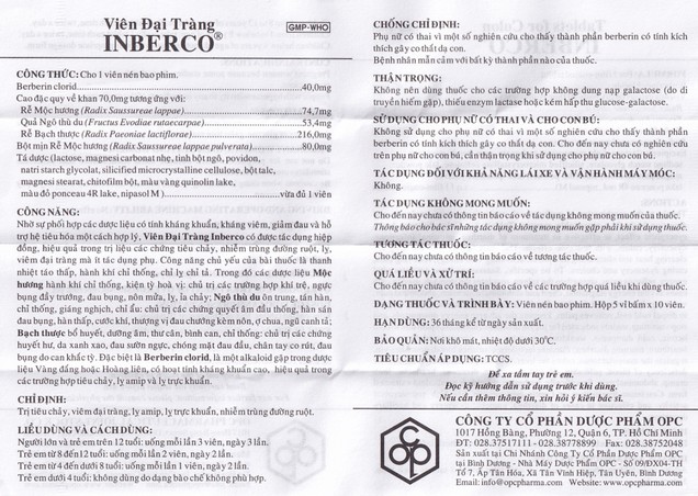 Thuốc viên đại tràng Inberco OPC điều trị tiêu chảy, viêm đại tràng (50 viên)