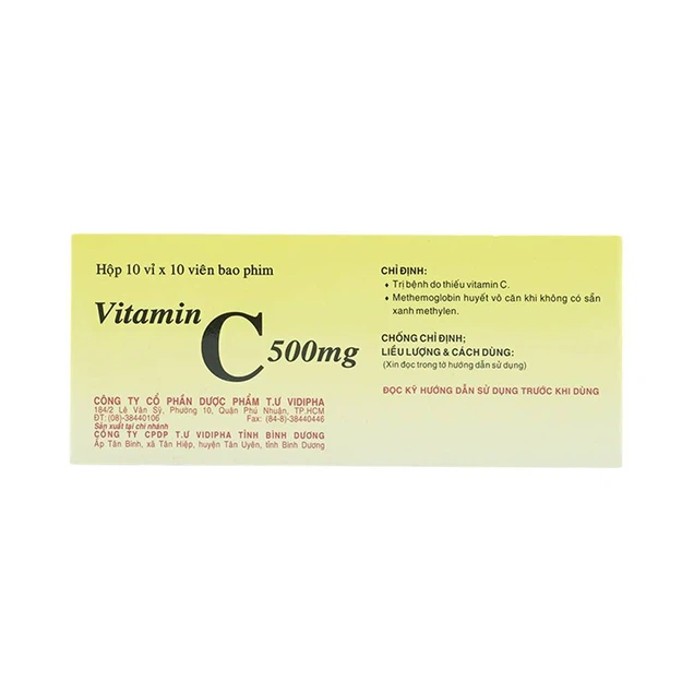 Thuốc Vitamin C 500mg Vidipha viên bao phim điều trị Methemoglobin huyết (10 vỉ x 10 viên)