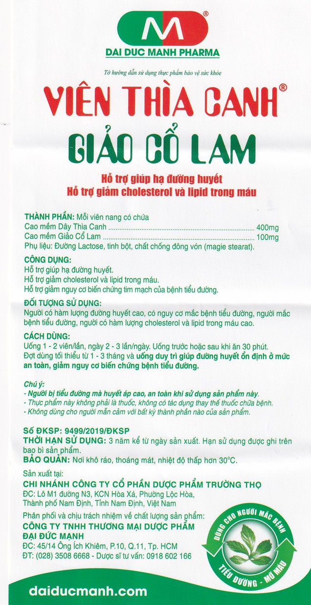 Viên thìa canh Giảo Cổ Lam Đại Đức Mạnh giúp hạ đường huyết, giảm cholesterol và lipid (60 viên)