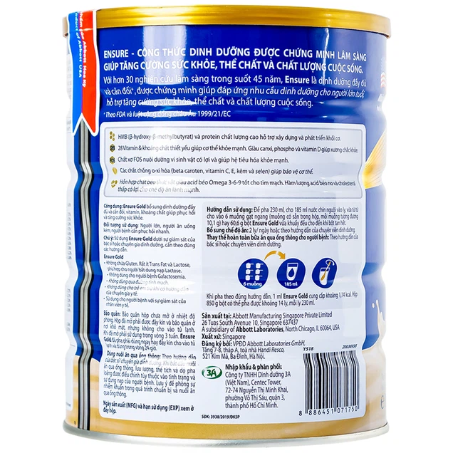 Sữa bột Ensure Gold Abbott hương lúa mạch bổ sung dinh dưỡng cho cơ thể (850g)