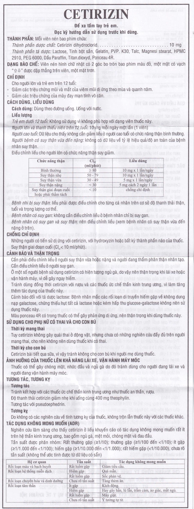 Thuốc Cetirizin 10mg Thành Nam hỗ trợ điều trị viêm mũi dị ứng, mày đay (100 viên)
