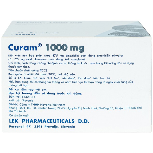 Thuốc Curam 1000mg Sandoz hỗ trợ điều trị nhiễm khuẩn hô hấp (80 viên)