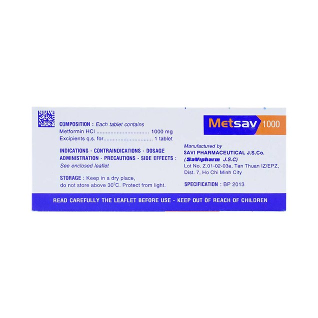 Thuốc Metsav 1000mg Savi điều trị đái tháo đường type 2 (10 vỉ x 10 viên)