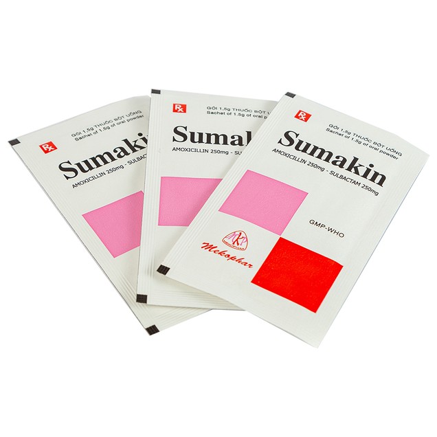 Bột uống Sumakin Mekophar điều trị nhiễm khuẩn vùng miệng, hô hấp (12 gói x 1.5g)