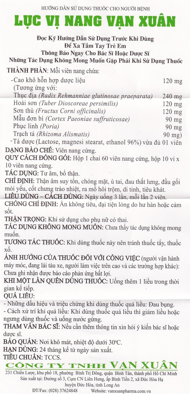 Thuốc Lục Vị Nang Vạn Xuân điều trị suy thận, đau lưng (60 viên)