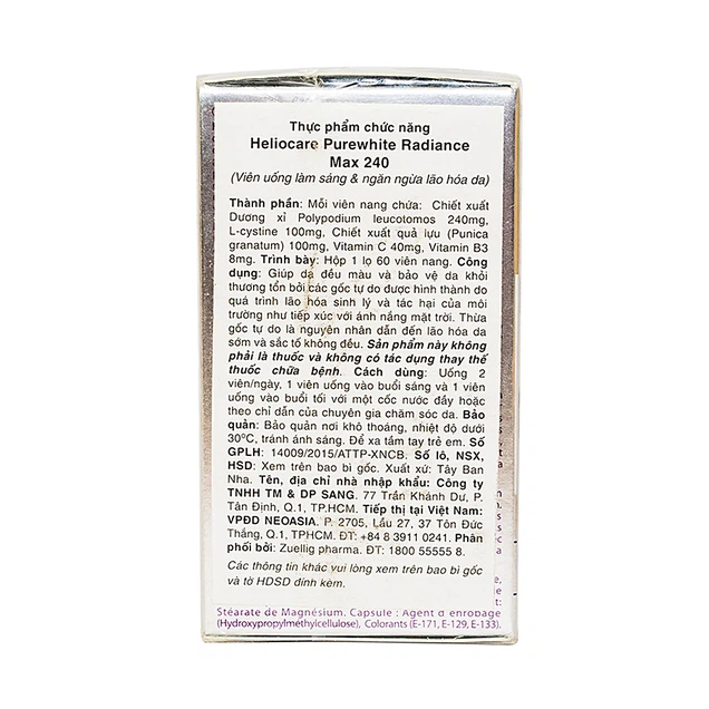 Viên uống Heliocare Purewhite Radiance Max 240 chống nắng trắng da (60 viên)