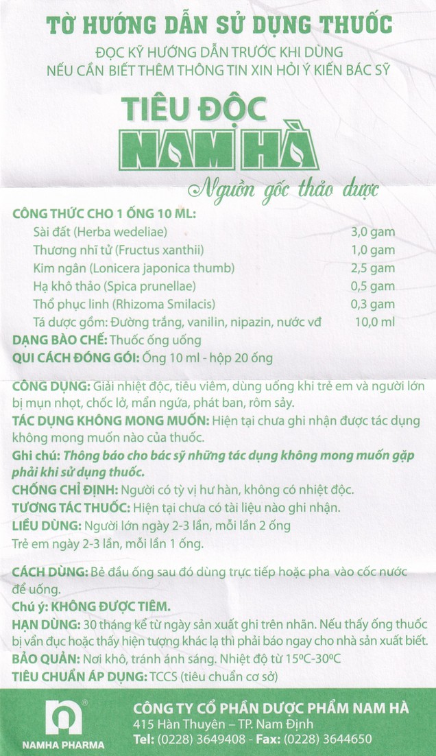 Thuốc Tiêu Độc Nam Hà giải nhiệt độc, tiêu viêm (20 ống x 10ml)