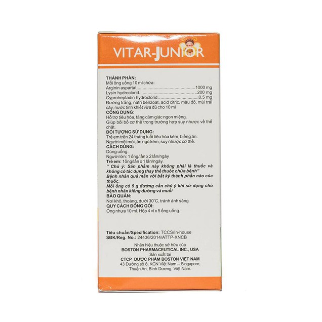 Dung dịch uống Vitar-Junior Boston hỗ trợ tiêu hóa (20 ống x 10ml)