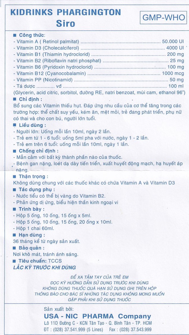 Siro Kidrinks Phargington USA-NIC bồi bổ cơ thể (20 ống x 10ml)