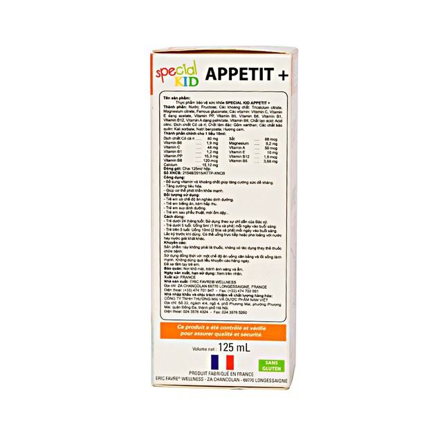 Siro Special Kid Appetit+ Eric Favre Wellness vị cam hỗ trợ tăng cường tiêu hóa (125ml)