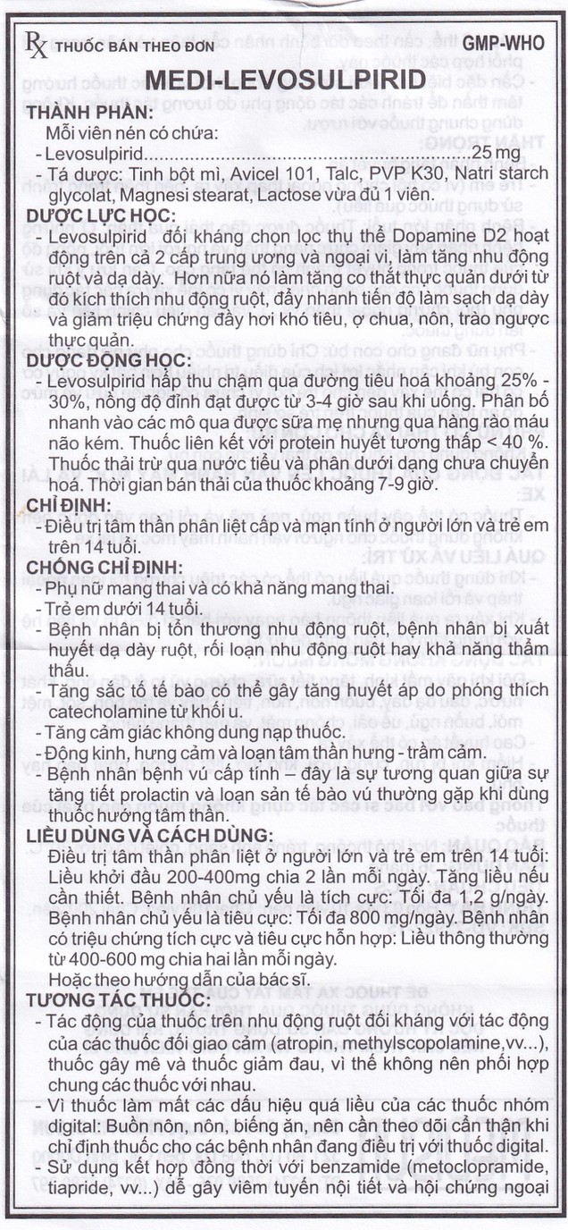 Thuốc Medi-Levosulpirid 25mg Medisun điều trị tâm thần phân liệt (3 vỉ x 10 viên)