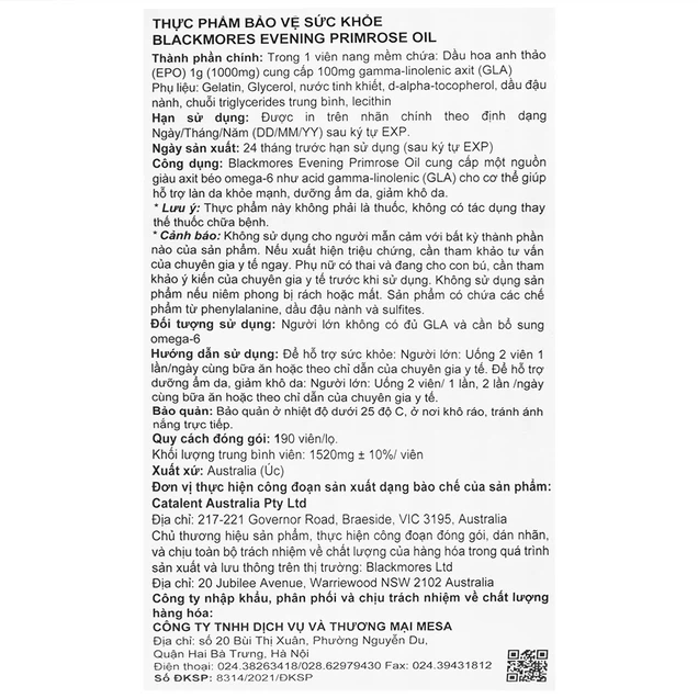 Viên uống tinh dầu hoa Anh Thảo Blackmores Evening Primrose Oil bổ sung Omega 6 (190 viên)