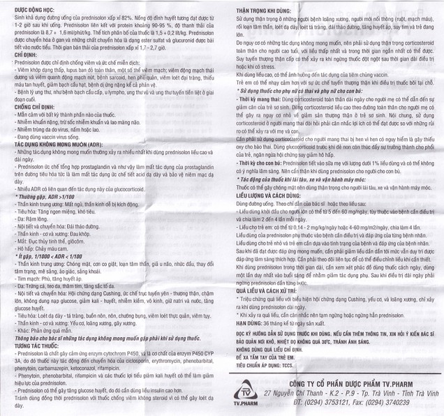 Thuốc Prednisolone 5mg TV.Pharma kháng viêm, chống dị ứng (200 viên)